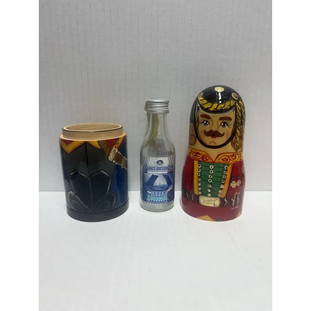 Russian Matryoshka Wooden Nesting Doll Vodka‎ Mini Bottle Holder Soldier 7.5 in